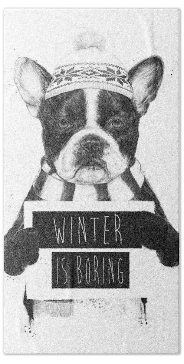 Bulldog Hand Towel featuring the mixed media Winter is boring by Balazs Solti