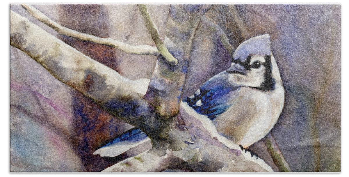 Blue Jay Hand Towel featuring the painting Winter Jay by Hailey E Herrera