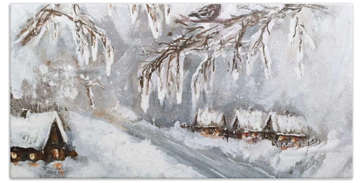 Winter Snow Cold Weather Frozen Snowy Houses Tree Birds Falling Snow Road Acrylic On Canvas Painting Ice Cloudy Blue White Snow Drift Bath Towel featuring the painting Winter by Miroslaw Chelchowski