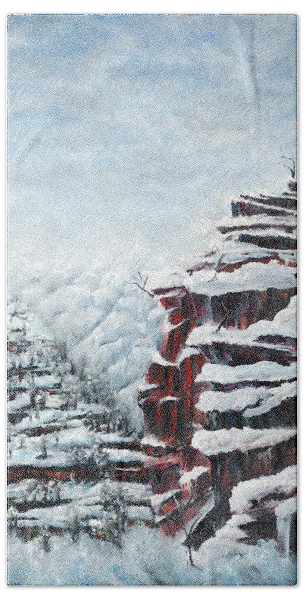 Winter Mood Alluring Beautiful Pleasing Snow Rock Clouds Sky Svaneti Ushguli Mountains Hand Towel featuring the painting Winter Mood by Medea Ioseliani