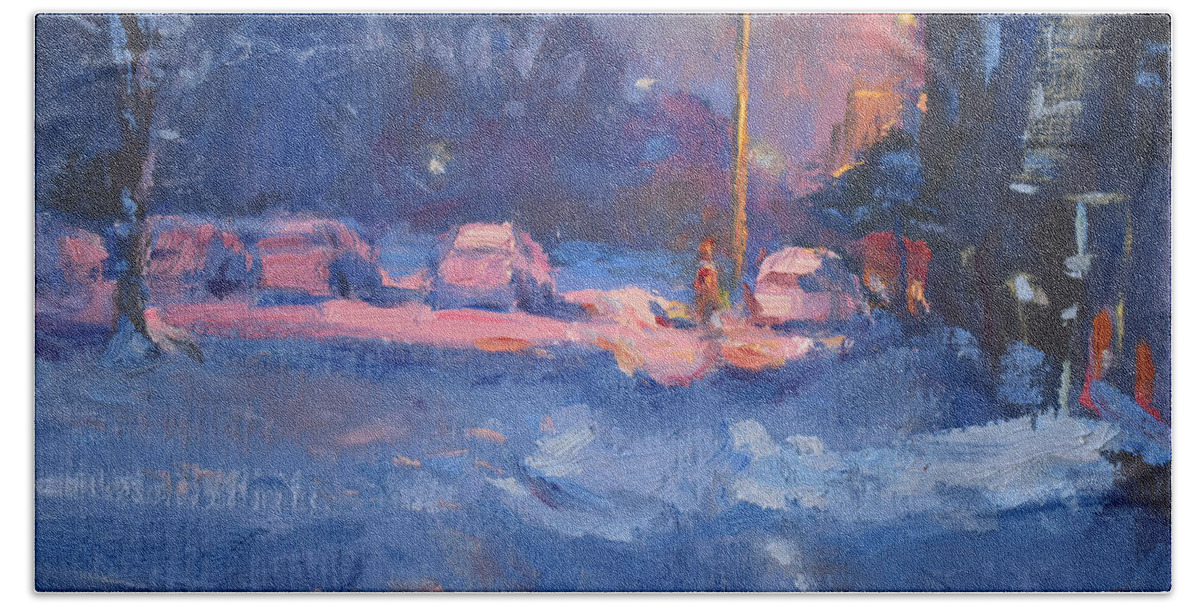 Snow Hand Towel featuring the painting Winter Nocturne by Ylli Haruni