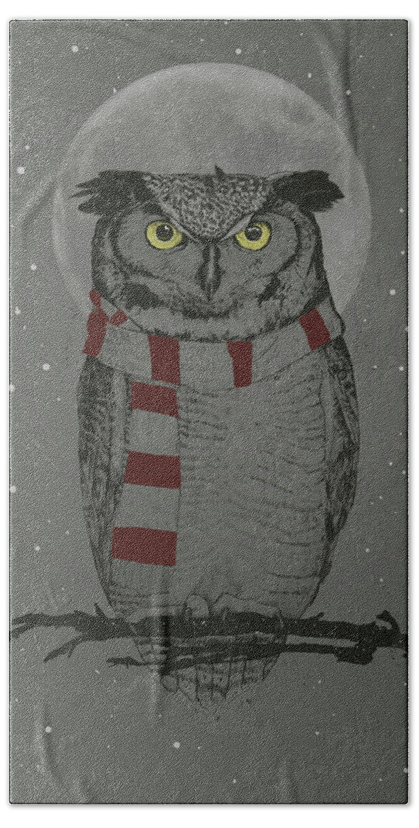 Owl Hand Towel featuring the mixed media Winter owl by Balazs Solti