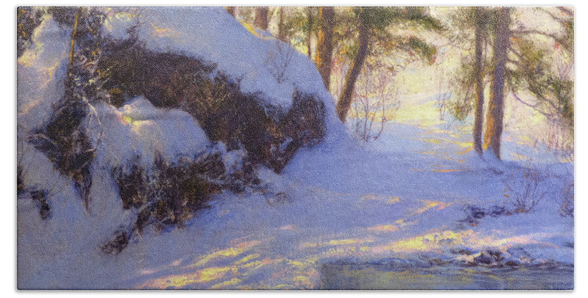 Snow Bath Towel featuring the painting Winter Pond by David Lloyd Glover