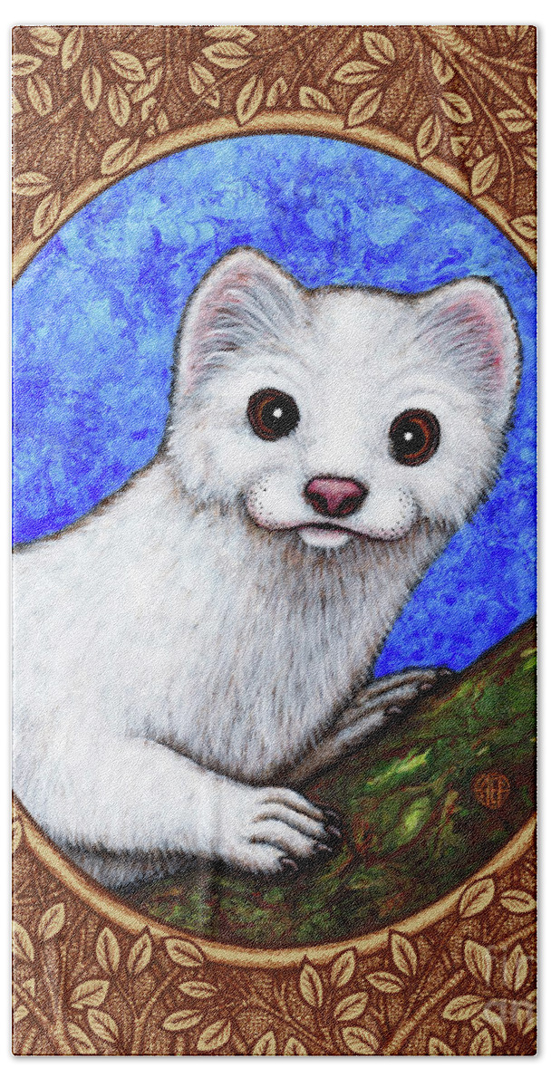 Animal Portrait Bath Towel featuring the painting Winter Weasel Portrait - Brown Border by Amy E Fraser