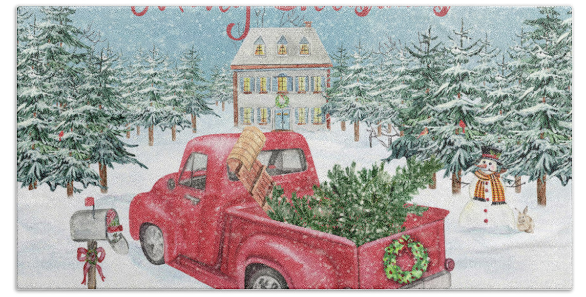 Christmas Bath Towel featuring the painting Winterland Truck by Jean Plout