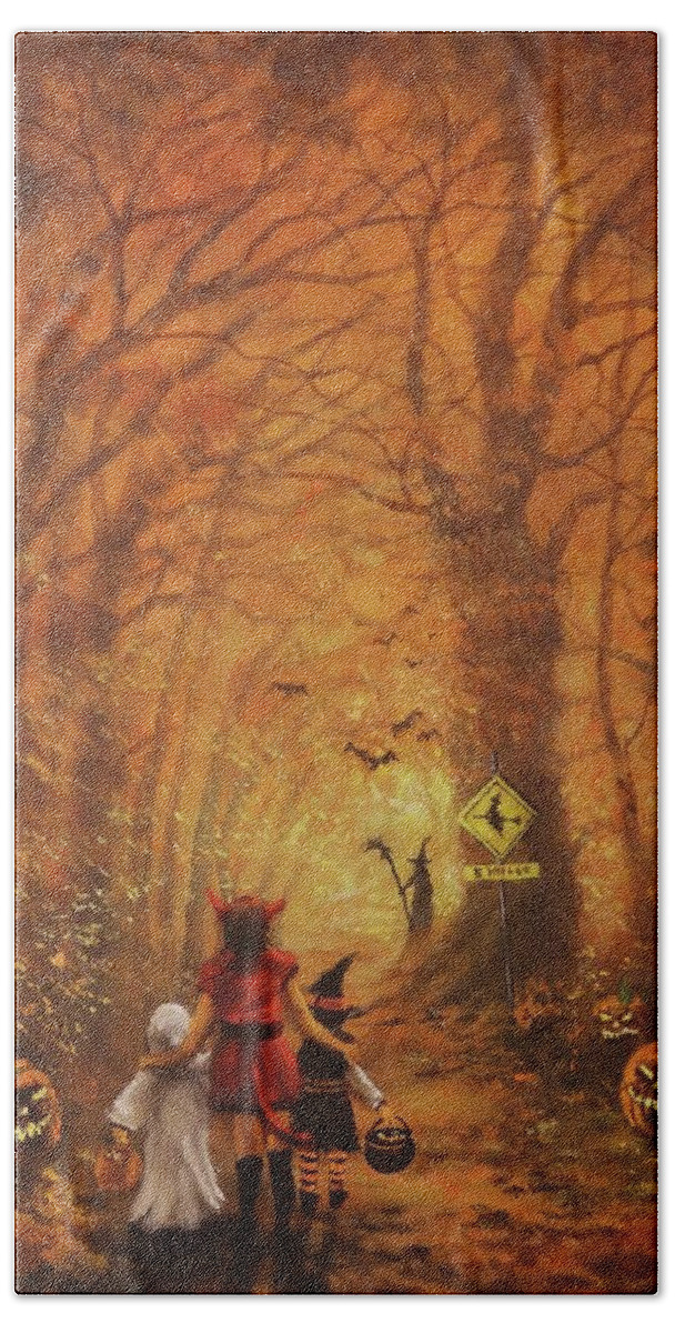 Halloween Bath Towel featuring the painting Witch Crossing Ahead by Tom Shropshire