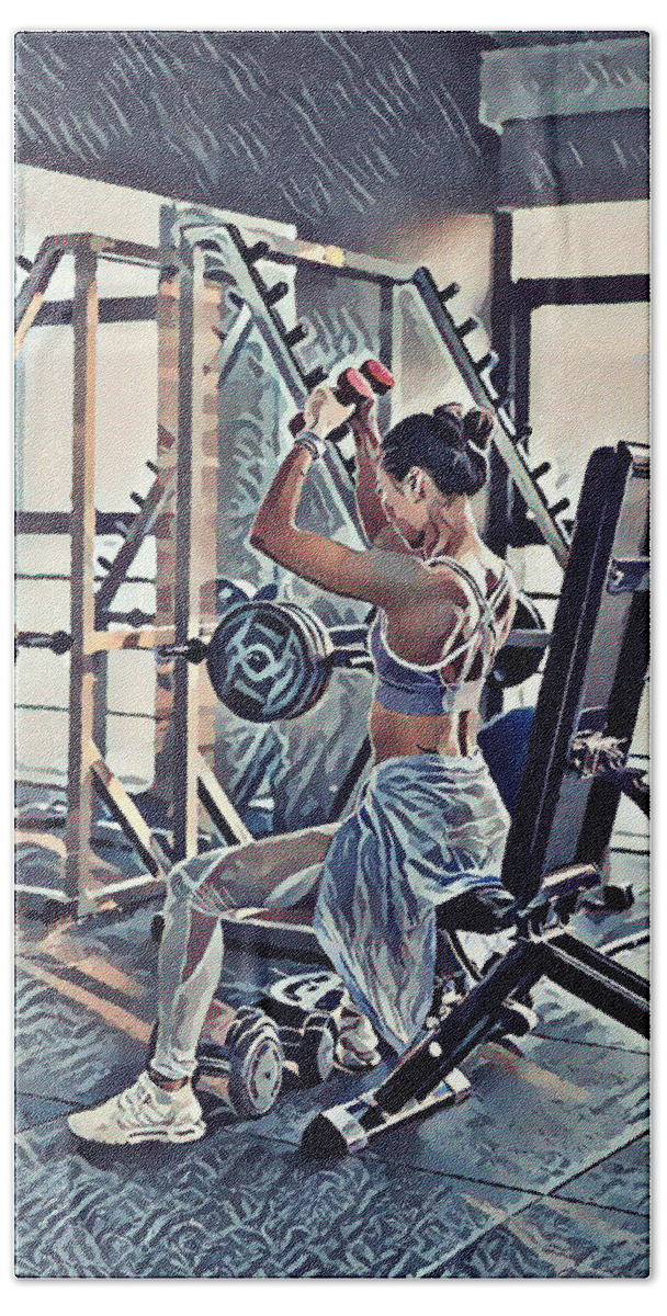 Woman Exercise Workout In Gym Fitness Bath Towel featuring the painting Woman exercise workout in gym fitness by Jeelan Clark