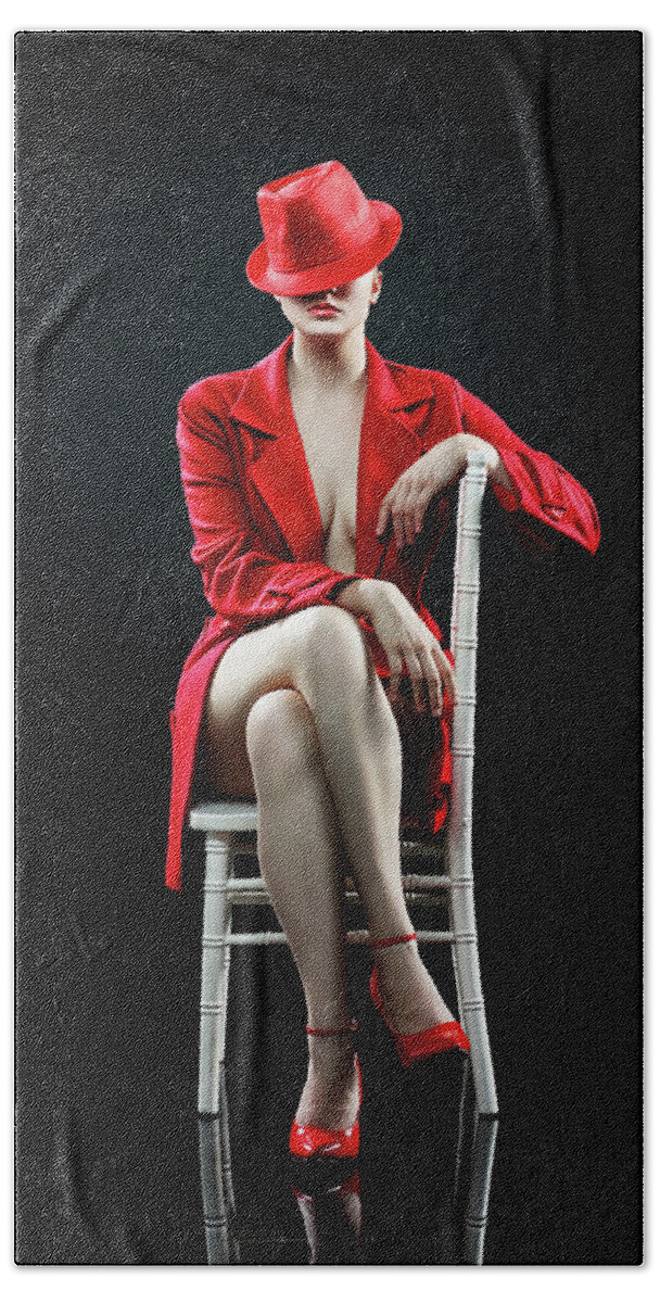 Woman Hand Towel featuring the photograph Woman in red by Johan Swanepoel