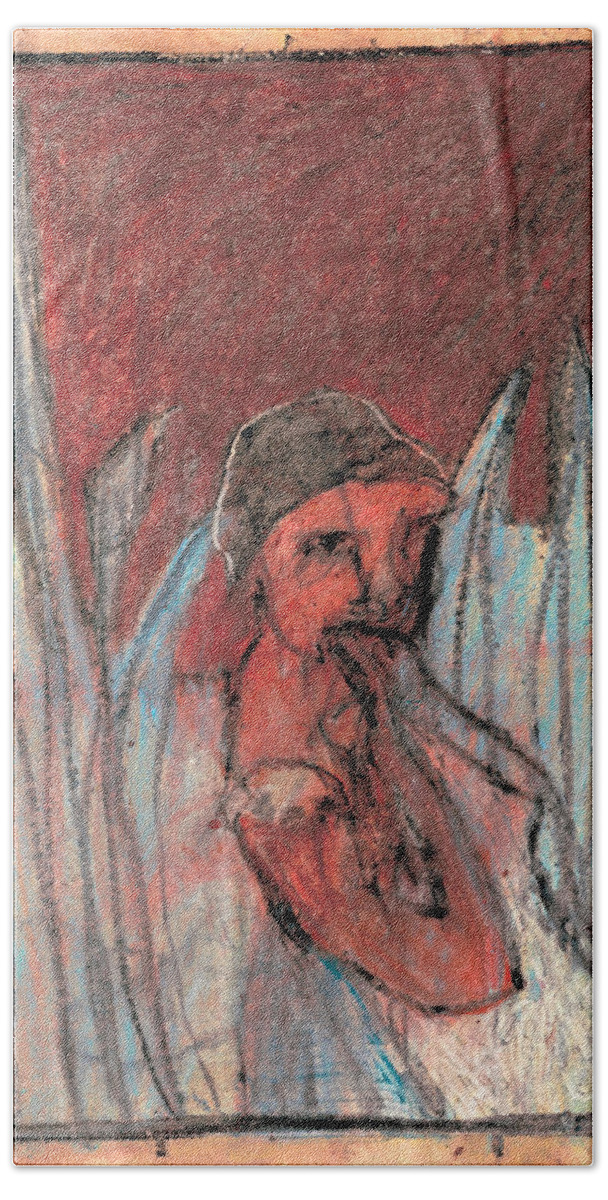 Red Bath Towel featuring the drawing Woman in reeds by Edgeworth Johnstone