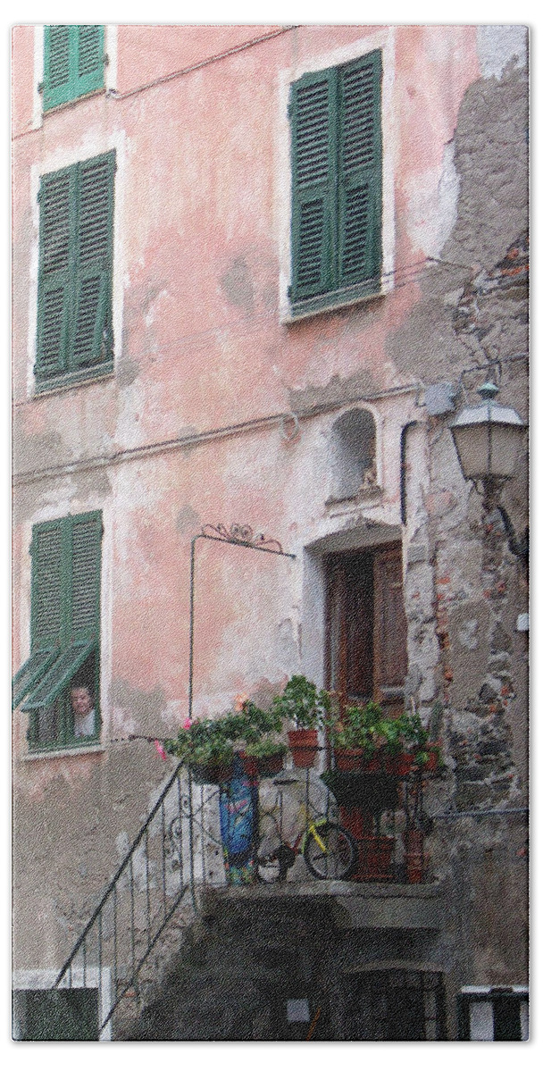 Cinque Terre Bath Towel featuring the photograph Green Shutters by Leslie Struxness