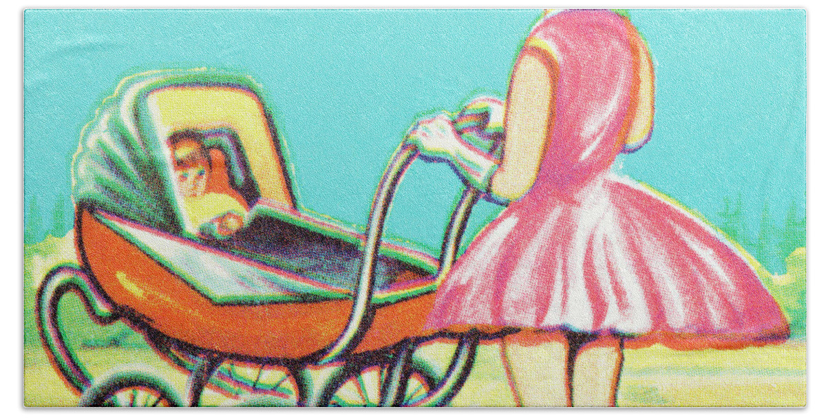 Baby Bath Towel featuring the drawing Woman pushing baby in a pram by CSA Images