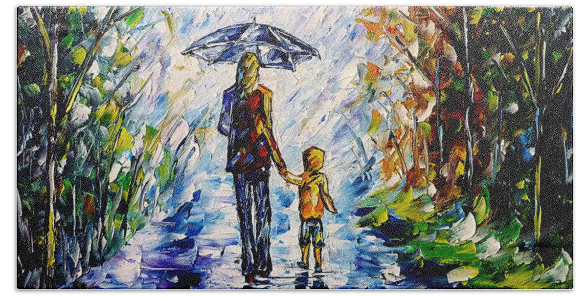 Mother And Child Bath Towel featuring the painting Woman With Child In The Rain by Mirek Kuzniar