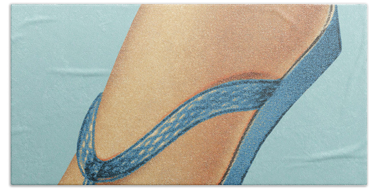 Blue Background Hand Towel featuring the drawing Woman's Foot Wearing Flip Flop Shoe by CSA Images