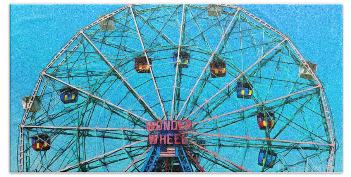Wonder Wheel Bath Towel featuring the digital art Wonder Wheel Coney Island NY by Edward Fielding