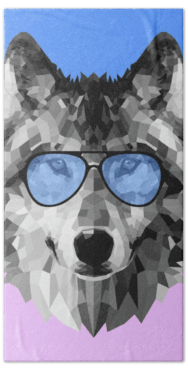 Wolf Hand Towel featuring the digital art Woolf in Blue Glasses by Naxart Studio
