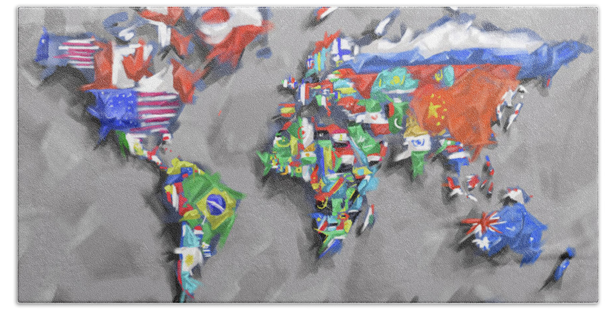 World Map Bath Towel featuring the digital art World Map Flags by Bekim M