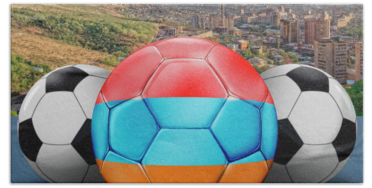 Soccer Hand Towel featuring the digital art World's Soccer Balls - Armenia by Peter Awax