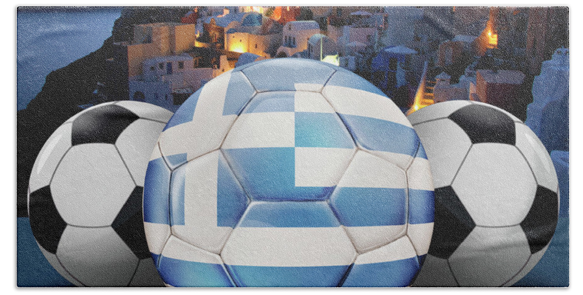 Greece Hand Towel featuring the mixed media World's Soccer Balls Greece by Peter Awax