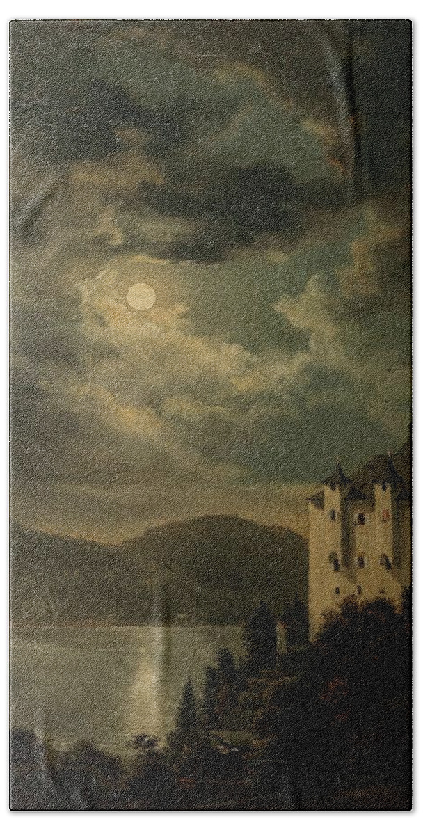 Castle Hand Towel featuring the painting Worthersee, Mondstimmung Uber Schloss Freyenthurn Mit Blick by Clementine Von Rainer