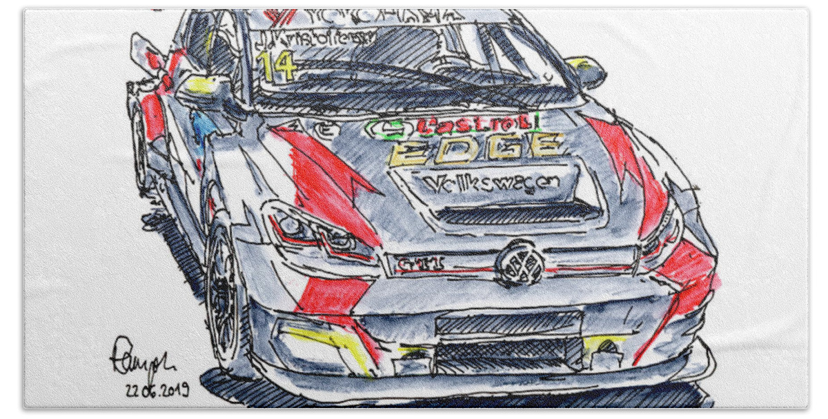 Wtcr Hand Towel featuring the drawing WTCR Volkswagen Golf GTI Racecar Ink Drawing and Watercolor by Frank Ramspott