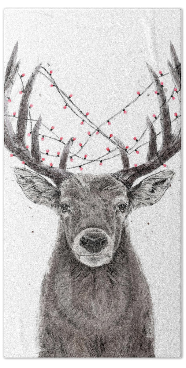 Deer Hand Towel featuring the drawing Xmas deer by Balazs Solti