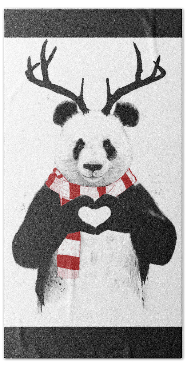 Panda Hand Towel featuring the drawing Xmas panda by Balazs Solti