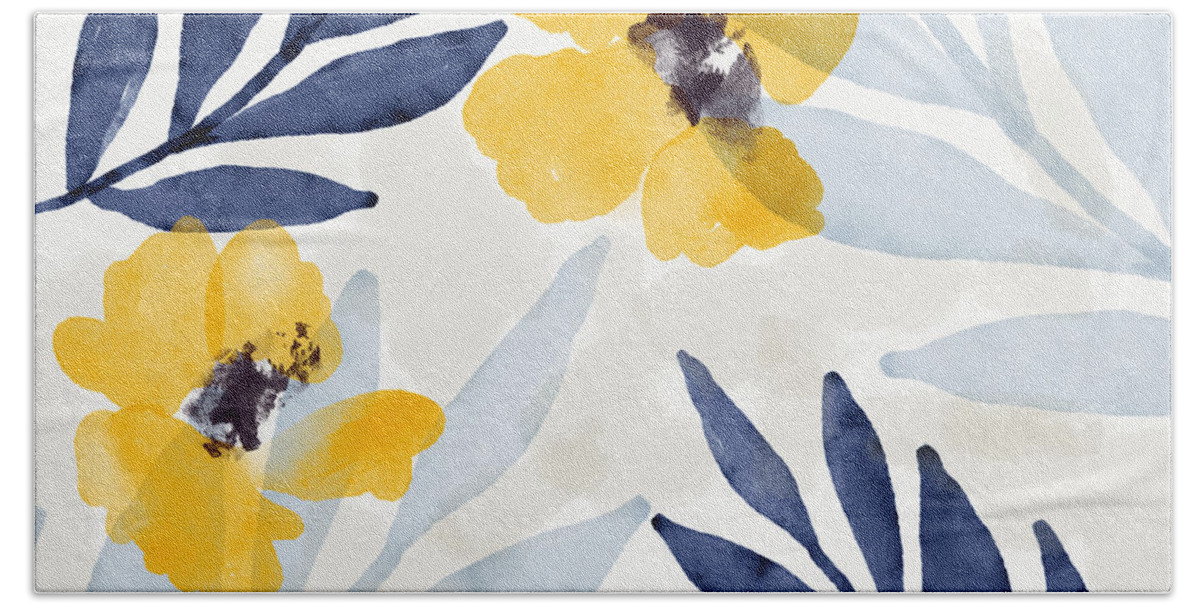 Flowers Bath Towel featuring the mixed media Yellow and Navy 1- Floral Art by Linda Woods by Linda Woods