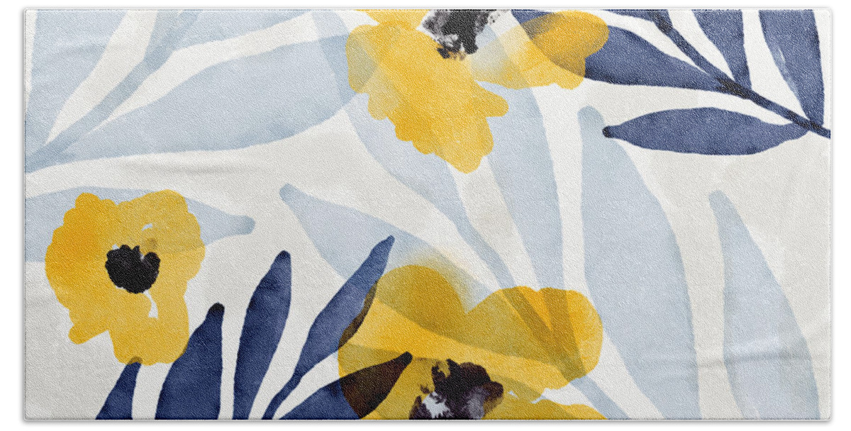 Flowers Bath Sheet featuring the mixed media Yellow and Navy 2- Floral Art by Linda Woods by Linda Woods