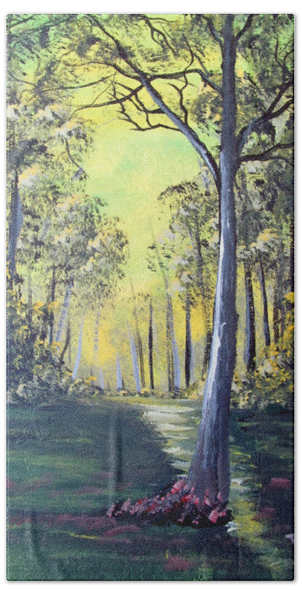 Yelow Forest Bath Towel featuring the painting Yellow Forrest by Gloria E Barreto-Rodriguez