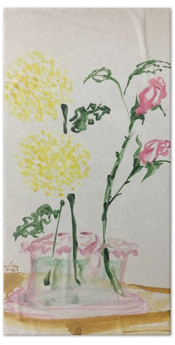Ricardosart37 Bath Sheet featuring the painting Yellow Mums and Pink Roses by Ricardo Penalver deceased