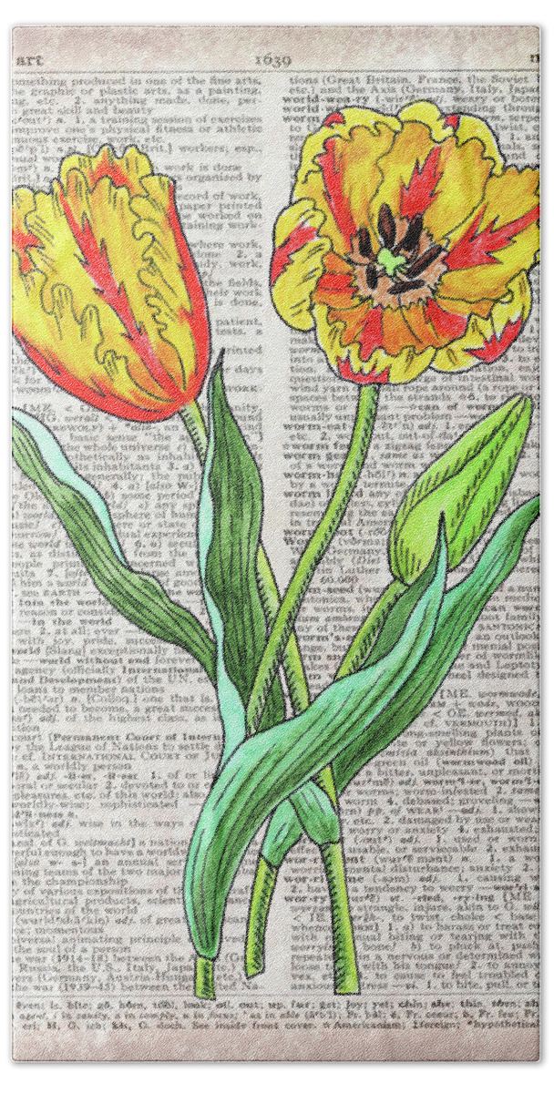 Dictionary Bath Towel featuring the painting Yellow Parrot Tulips Dictionary Page Watercolor by Irina Sztukowski