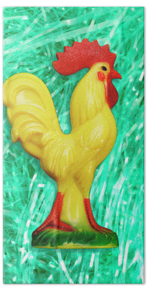 Agriculture Hand Towel featuring the drawing Yellow Rooster on Faux Green Grass by CSA Images