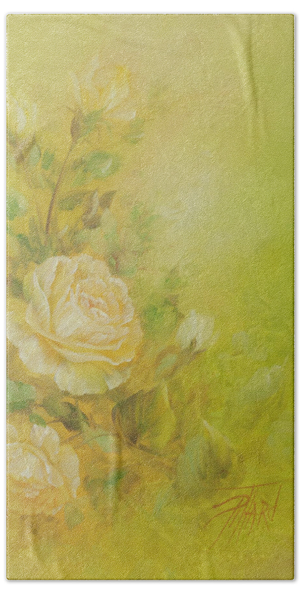 Flowers Bath Towel featuring the painting Yellow Roses Vignette by Lynne Pittard