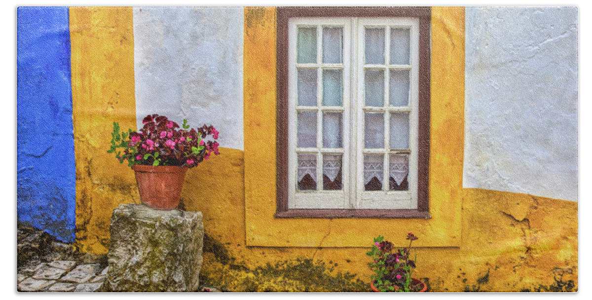 Window Bath Towel featuring the photograph Yellow Window of Obidos by David Letts