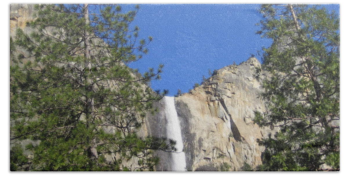 Yosemite Bath Towel featuring the photograph Yosemite National Park Bridal Veil Falls Water Fall View with Twin Trees by John Shiron