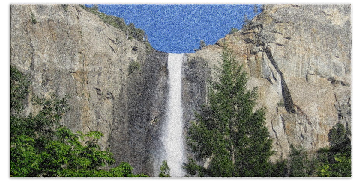 Yosemite Hand Towel featuring the photograph Yosemite National Park Bridal Veil Falls Waterfall Close Up View with Clear Blue Sky by John Shiron