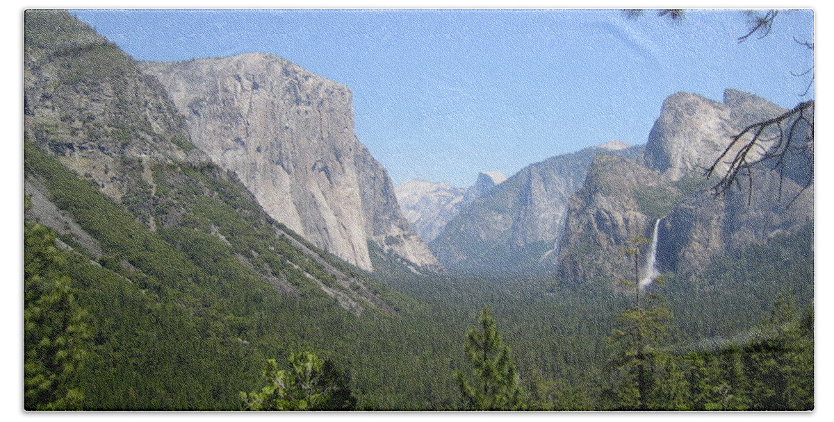 Yosemite Hand Towel featuring the photograph Yosemite National Park Yosemite Valley Bridal Veil Falls View with Half Dome and El Capitan by John Shiron