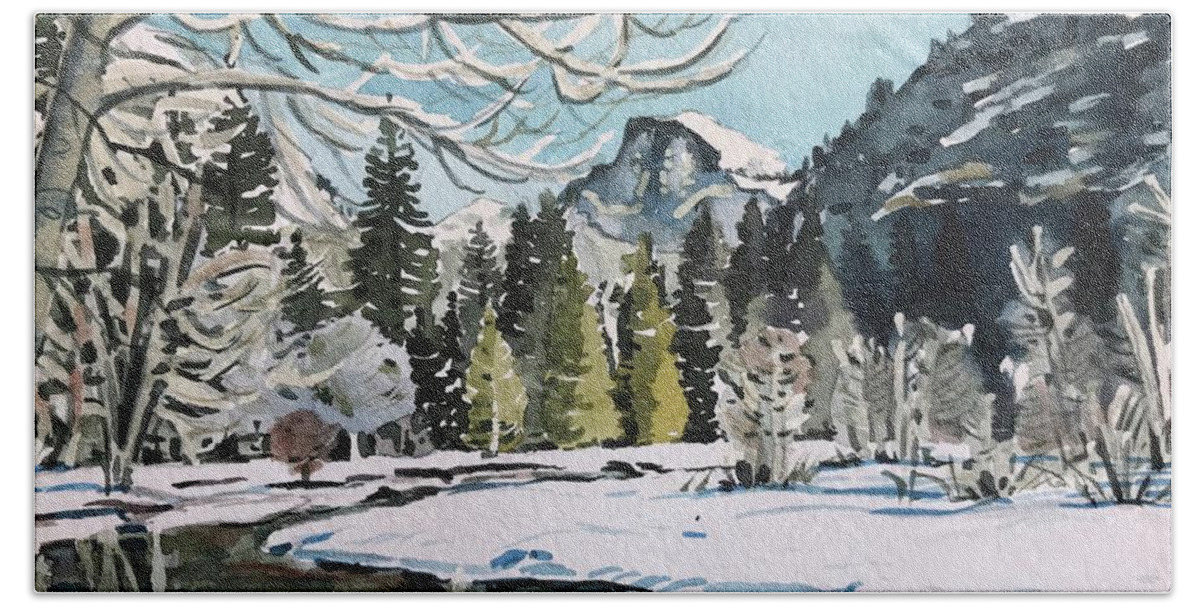 Yosemite Bath Sheet featuring the painting Yosemite Valley - December by Luisa Millicent