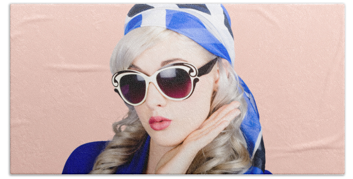 Retro Bath Towel featuring the photograph Young beautiful retro girl in glasses by Jorgo Photography