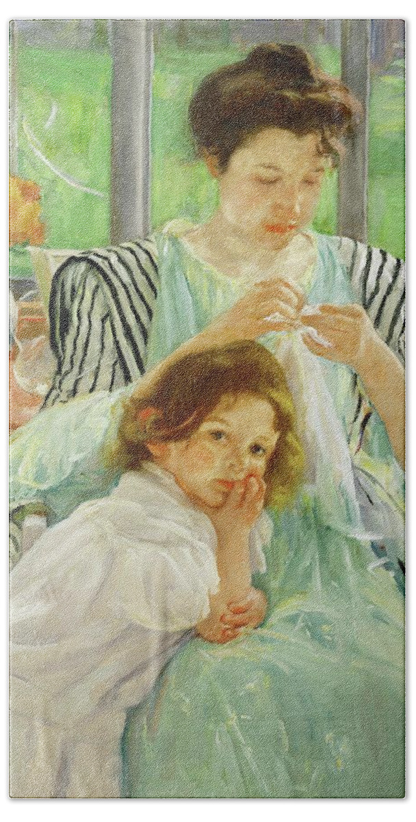 Mary Cassatt Hand Towel featuring the painting Young mother sewing, 1901 Canvas,92,4 x 73,7 cm. by Mary Cassatt -1844-1926-