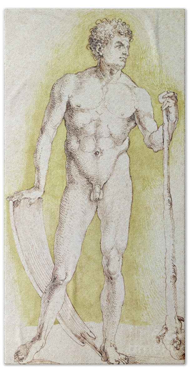 Young Nude Man Bath Towel featuring the drawing Young Nude Man by Albrecht Durer