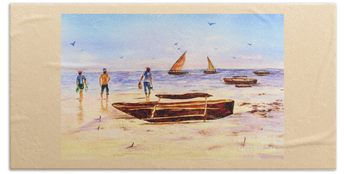 Beach Bath Towel featuring the painting Zanzibar Forzani beach by Sher Nasser