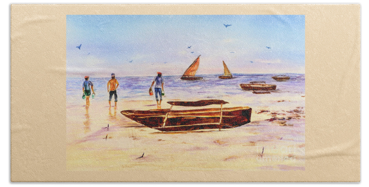 Beach Hand Towel featuring the painting Zanzibar Forzani beach by Sher Nasser
