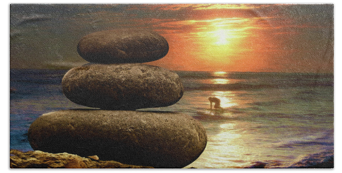 Zen Stones Hand Towel featuring the photograph Zen Stones California Sunset by Scott Cameron