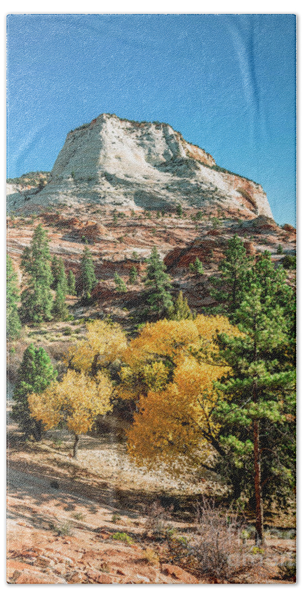 Zion National Park Bath Towel featuring the photograph Zion Autumn White Peak and Yellow Leaves by Aloha Art