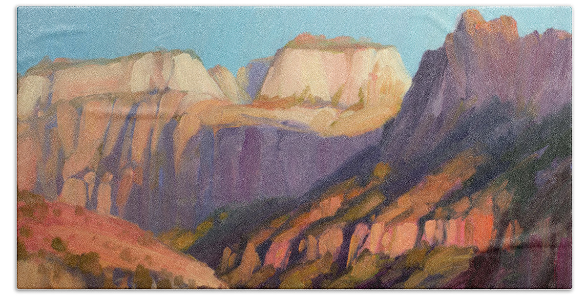 Zion Hand Towel featuring the painting Zion's West Canyon by Steve Henderson