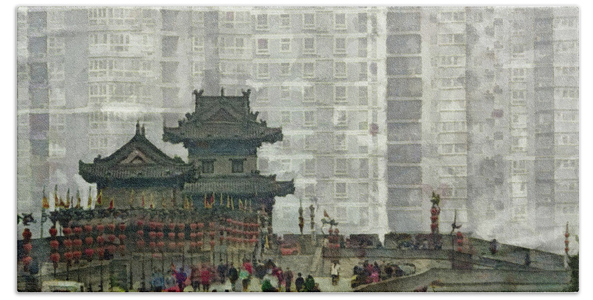 Abstract Bath Towel featuring the mixed media 031 Architectural Abstract, Cityscape, High Rise City Walls, Xian, China by Richard Neuman Architectural Gifts