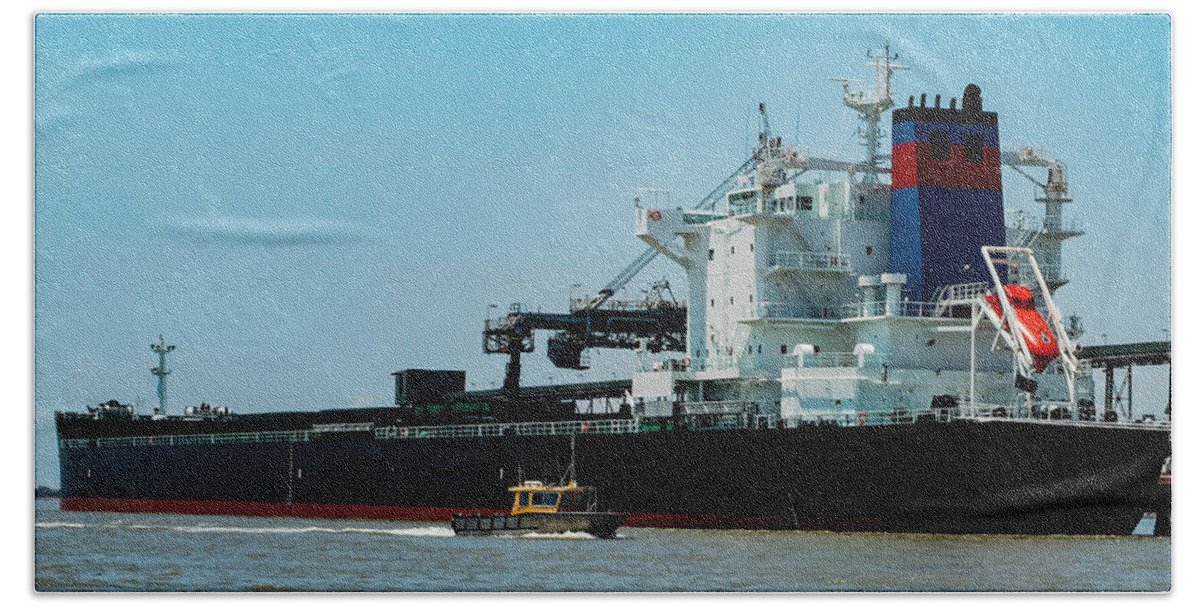 Bridge Deck Hand Towel featuring the photograph A 229 meter Bulk Carrier Ship loading at a Gladstone Harbour ter #1 by Geoff Childs