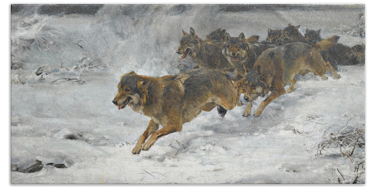 Wolf Bath Towel featuring the painting A Pack Of Wolves #2 by Alfred Wierusz Kowalski