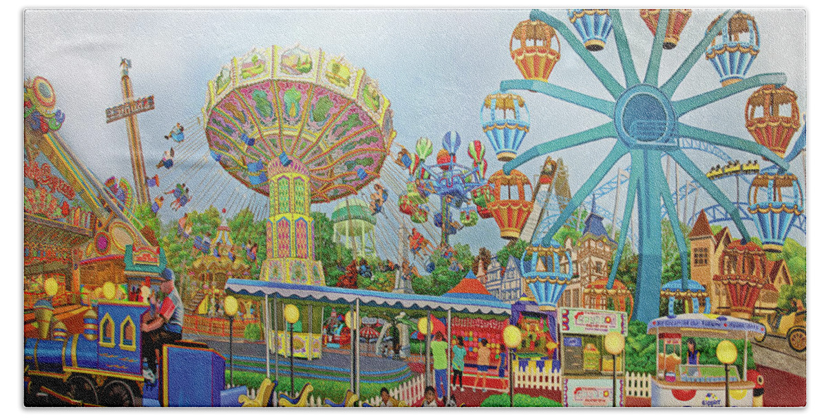 Amusement Parks Hand Towel featuring the painting Adventureland #1 by Bonnie Siracusa